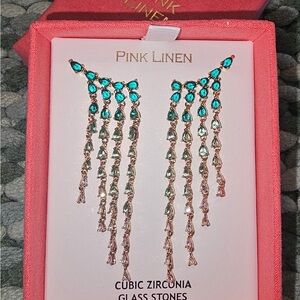 Pink Linen Turquoise and Gold Drop Earrings